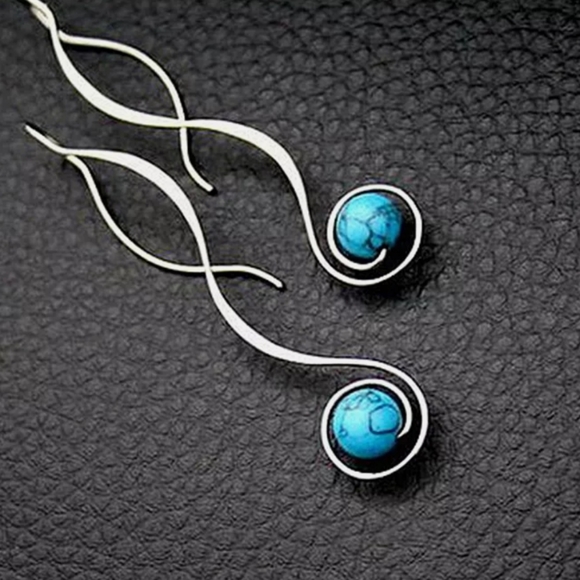 Silver Long Style Turquoise Round Cut Earrings - Picture 3 of 4